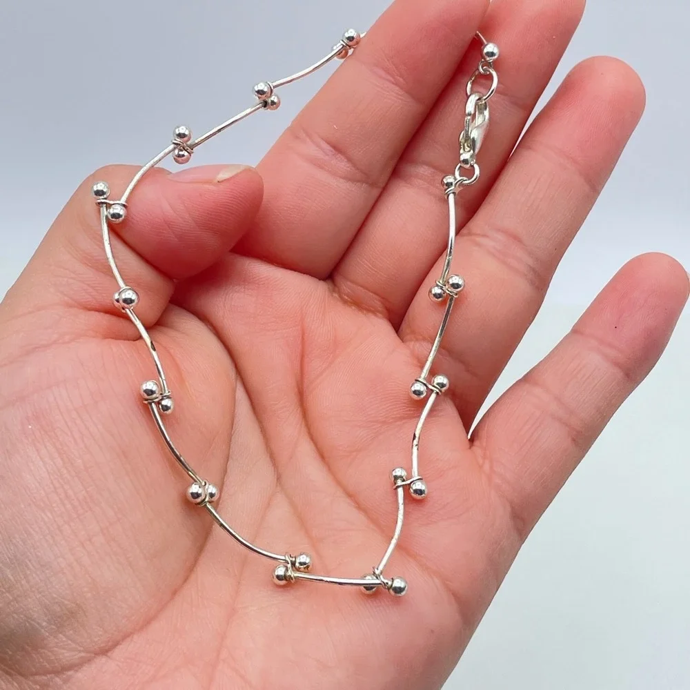 Contemporary Silver-Tone Classic Curved Dainty Bars Ball Link Lobster Bracelet